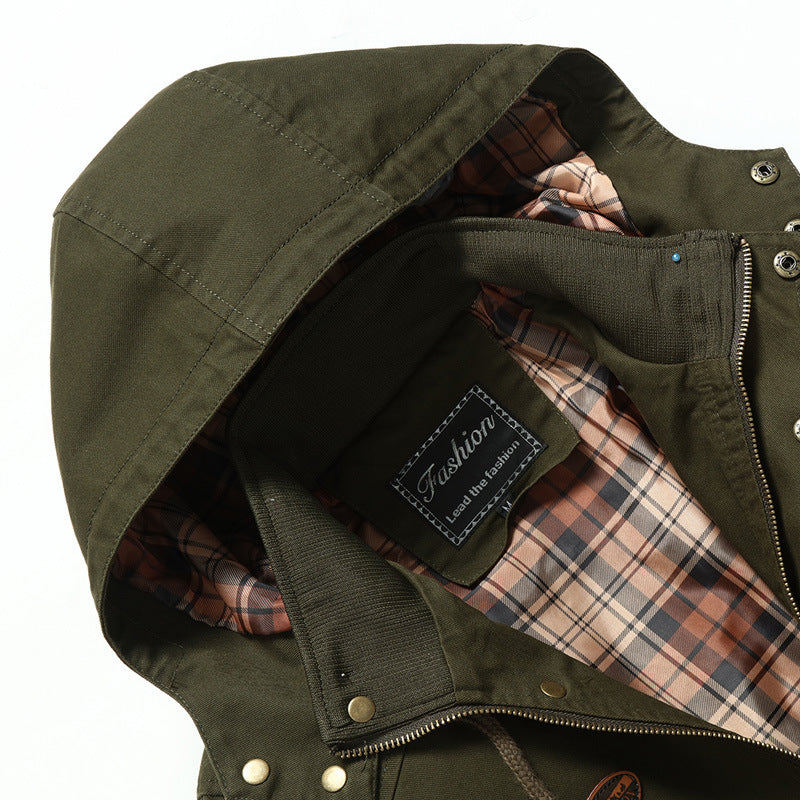 Men's canvas parka with hood, checkered lined interior and utility pockets Chichicherry