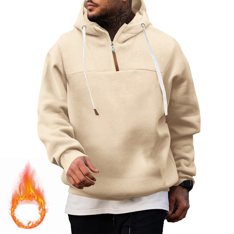 Men's Fleece Half-Zip Hoodie with Hood, Drawstring, and Elastic Cuffs Chichicherry