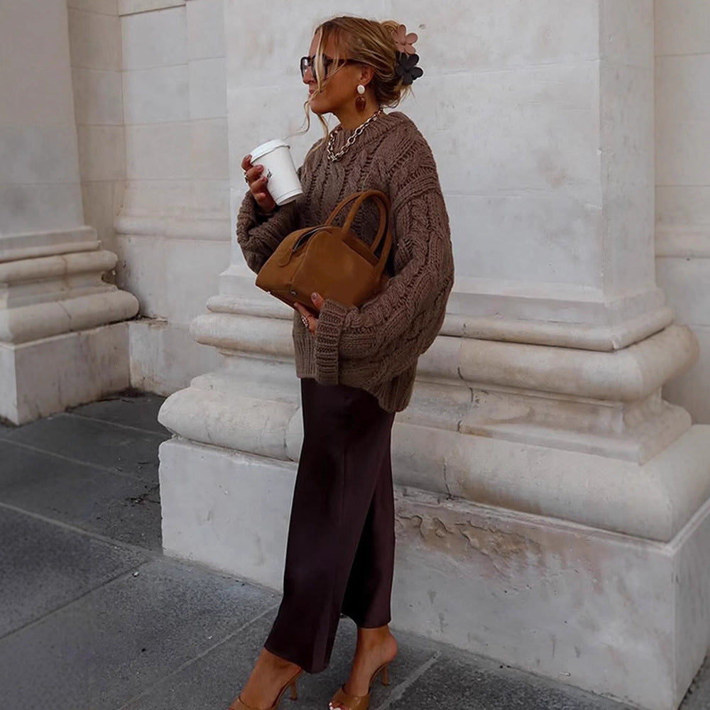 Women's Oversize Chunky Knit Sweater with Cable Knit, High Collar and Extended Sleeves Chichicherry
