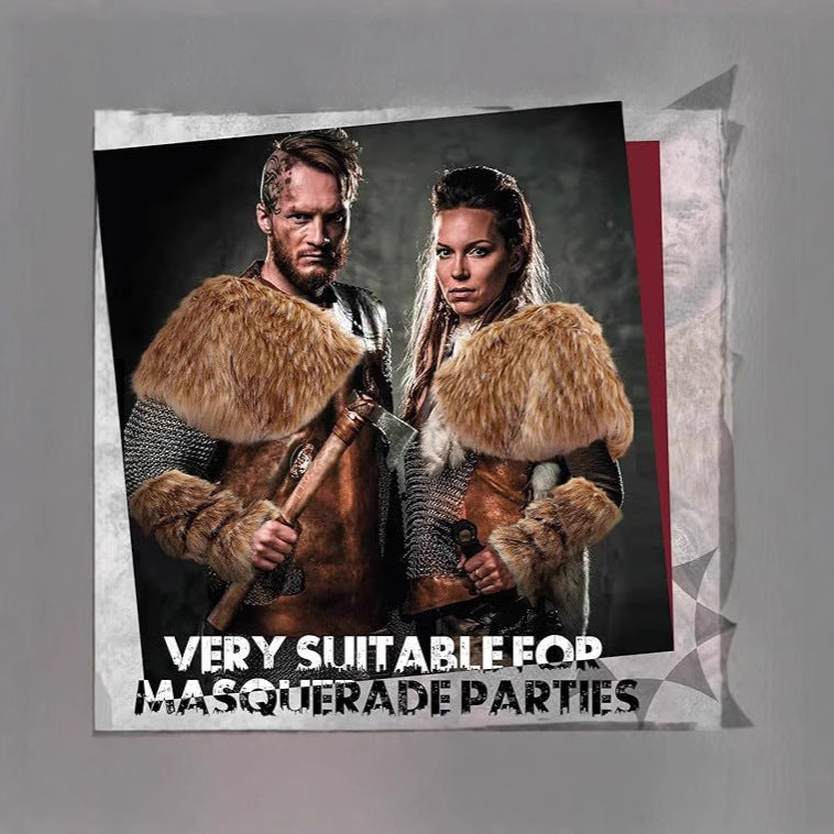 Men's Warrior Costume Accessory Set made of faux fur with shoulder drape, arm guards, and adjustable leather harness Chichicherry