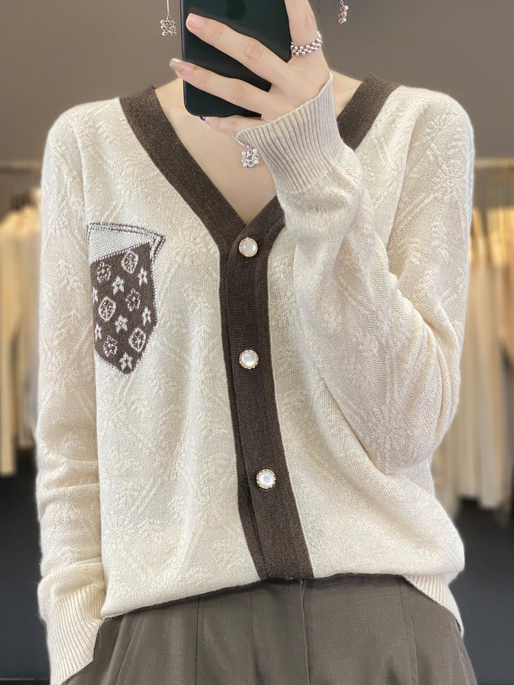 Women's Short-Cut V-Neck Cardigan with Pearl Buttons and Contrasting Breast Pocket Chichicherry