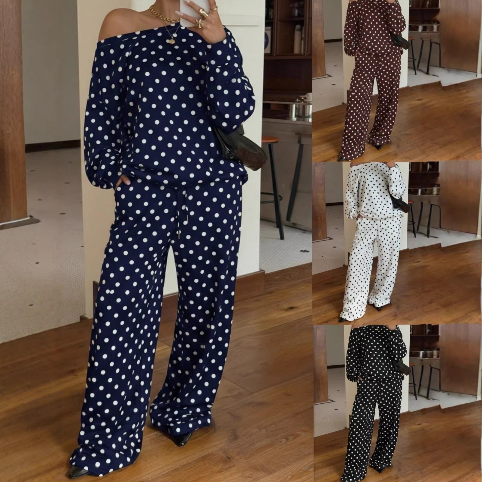 Women's Polka Dot Two-Piece Lounge Set with Wide Boat Neck and Loose Palazzo Pants Chichicherry