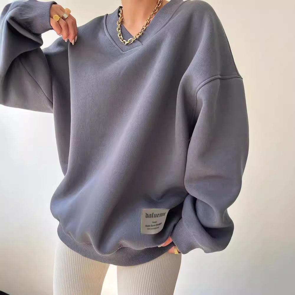 Damen Oversized Sweatshirt mit V-Ausschnitt und geripptem Kragen Chichicherry