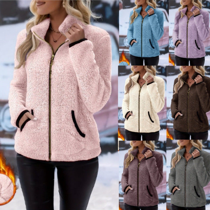 Women's thermal sherpa fleece jacket with stand-up collar, contrast edges and ring zipper Chichicherry
