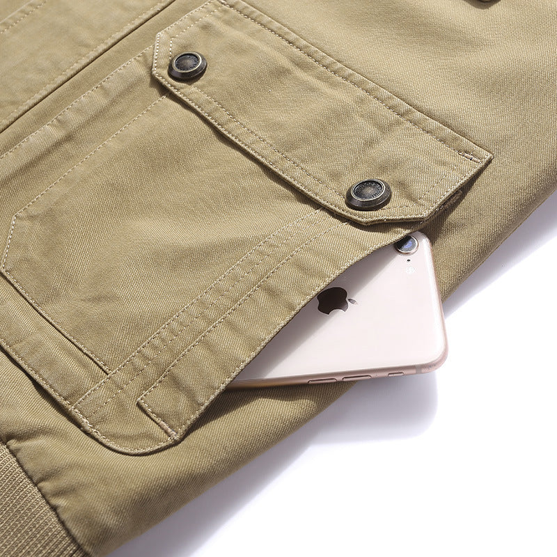 Men's Canvas Utility Vest with Multiple Outer Pockets, Zipper and Stand Collar Chichicherry