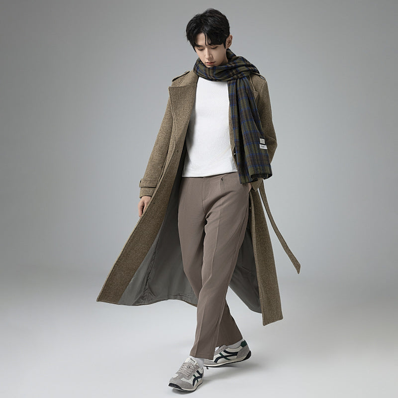 Men's maxi-length wool blend coat with tailored silhouette, shawl collar, and decorative shoulder straps Chichicherry
