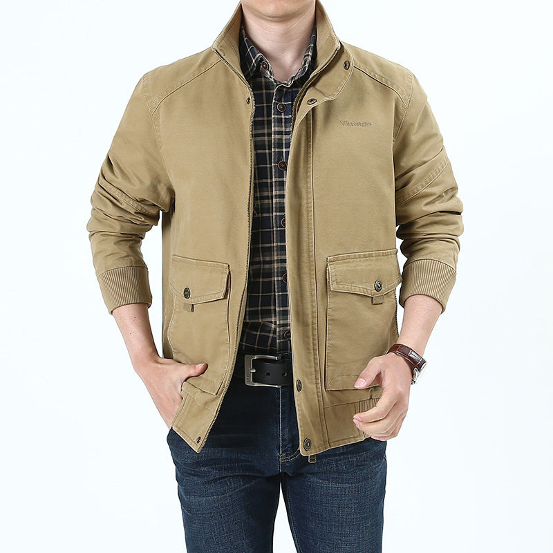 Men's Canvas Field Jacket in Bomber Style with Ribbed Cuffs, Flap Pockets, and Printed Inner Lining Chichicherry