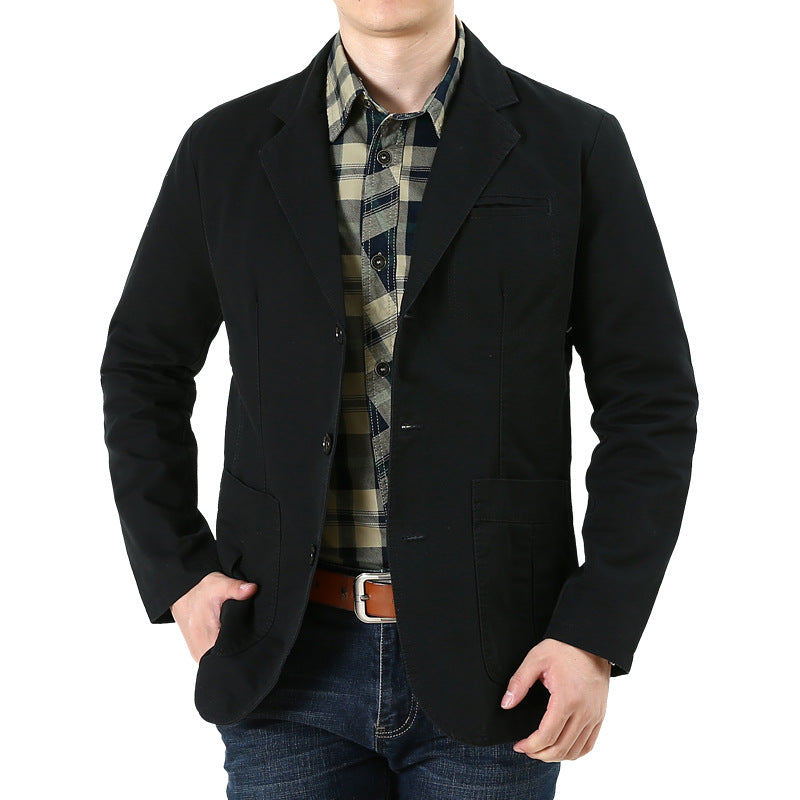 Men's Casual Linen Blazer in Worker Blouson Style with Shirt Collar, Flap Pockets and Striped Lining Chichicherry