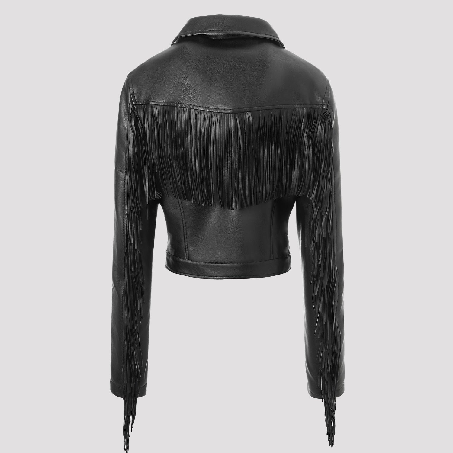Women's short motorcycle jacket in leather look with fringe sleeves and asymmetrical zipper Chichicherry