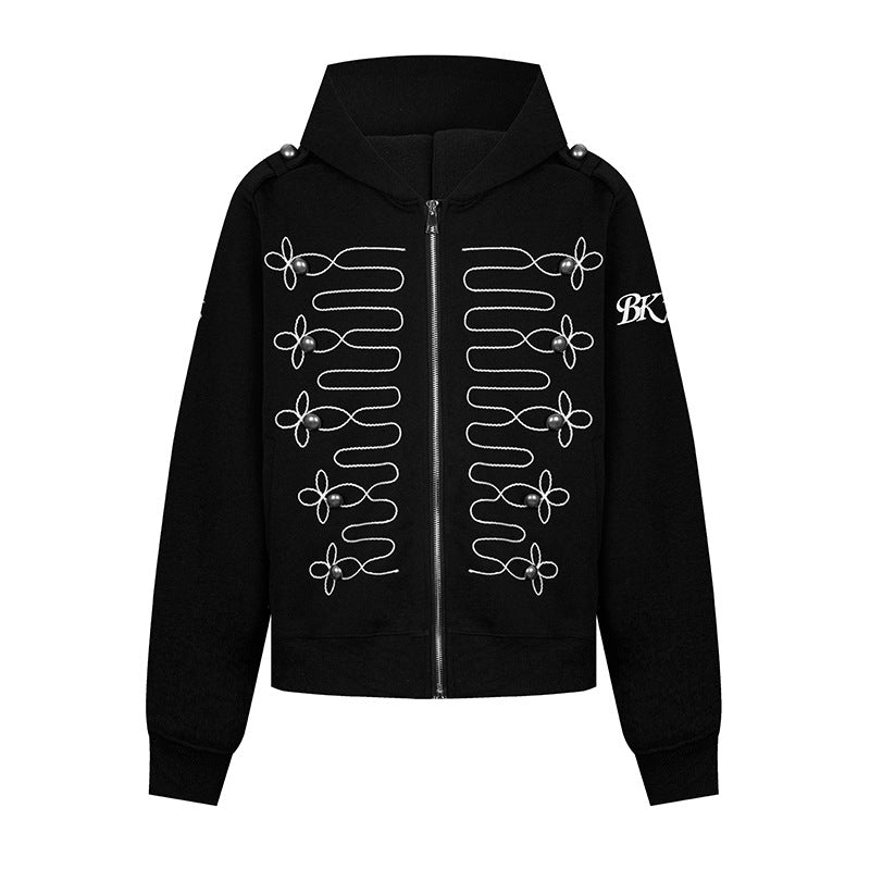 Women's hooded sweatshirt jacket with decorative frogging embroidery and pearl buttons Chichicherry