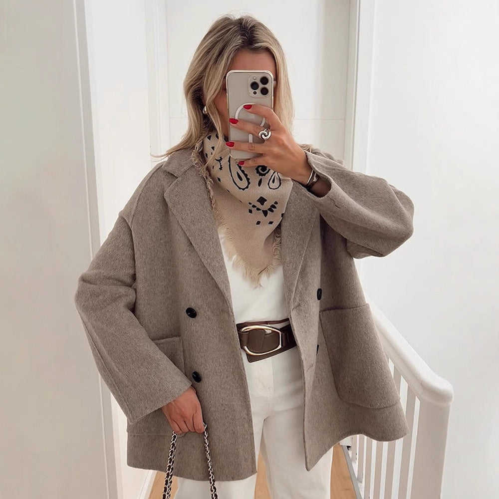 Women's Boxy Wool Blend Cocoon Jacket with Double-Breasted Button Placket and Wide Lapels Chichicherry