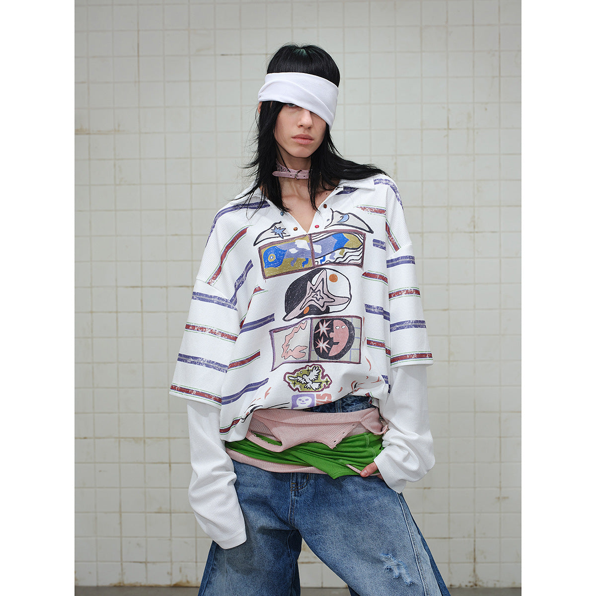 Women Waffle Polo Shirt with Graphic Print, Stripes and Half Snap Placket Chichicherry