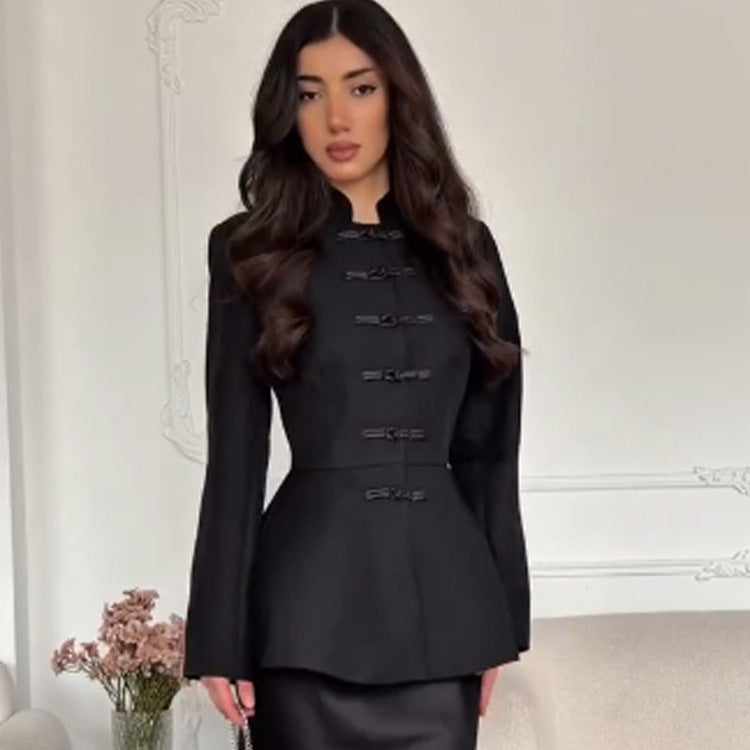 Women's Tailored Peplum Jacket with Stand Collar and Decorative Toggle Fasteners Chichicherry
