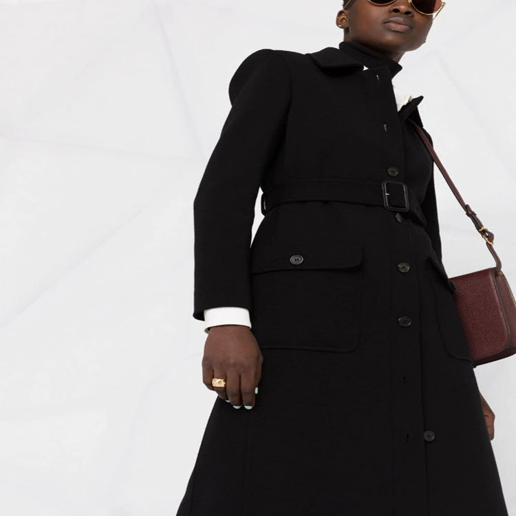 Women Tailored Midi Coat with Belt and Flap Pockets Chichicherry