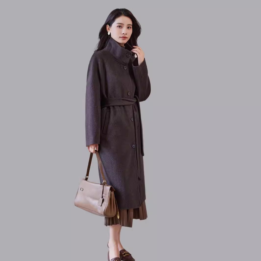 Women's Oversized Wool Coat with Stand-up Collar and Waist Belt Chichicherry