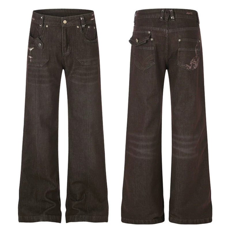 Women's Wide High-Waist Denim Trousers with Straight Leg and Utility Patch Pockets Chichicherry
