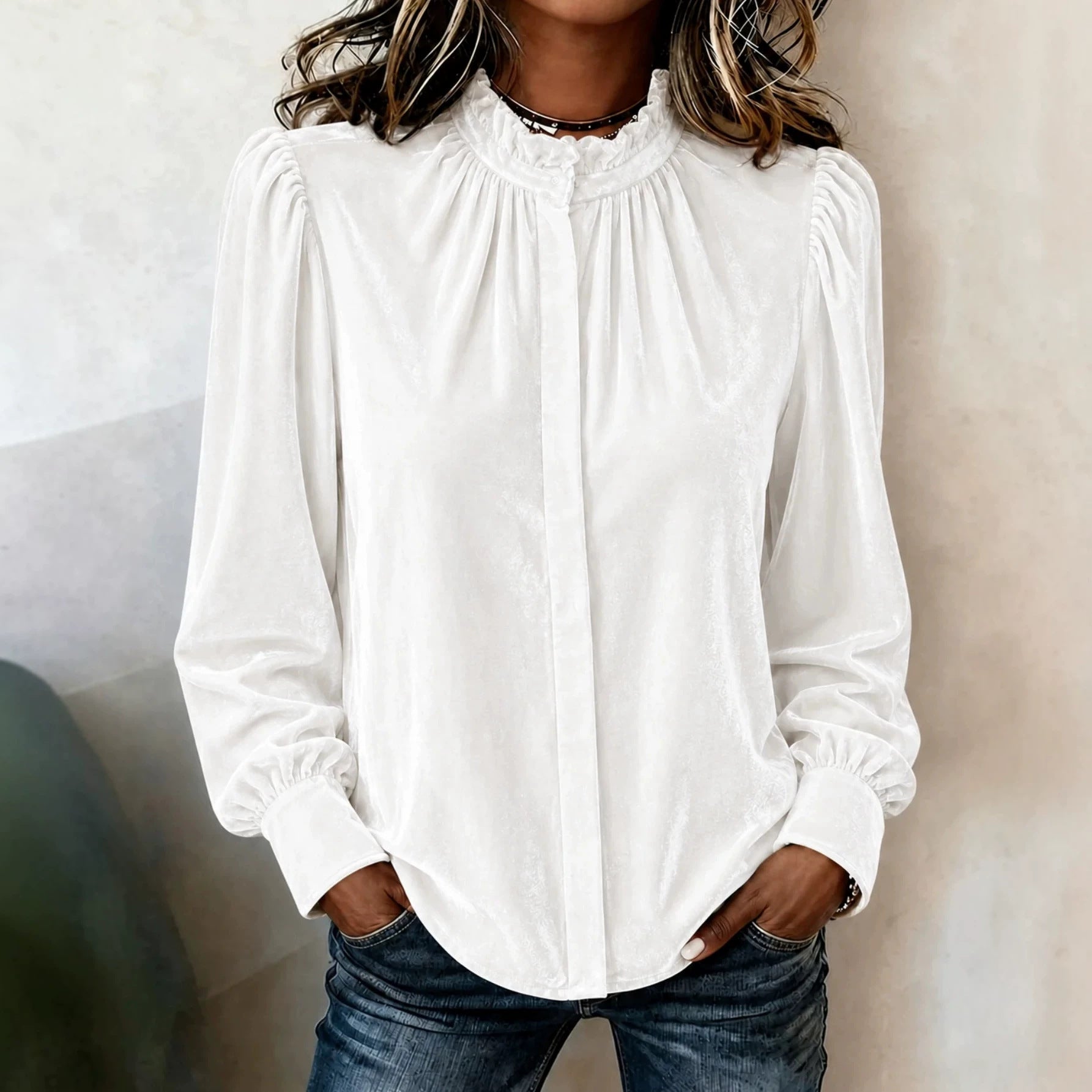 Ladies' velvet blouse with ruffled stand collar, concealed button placket, and gathered balloon sleeves Chichicherry