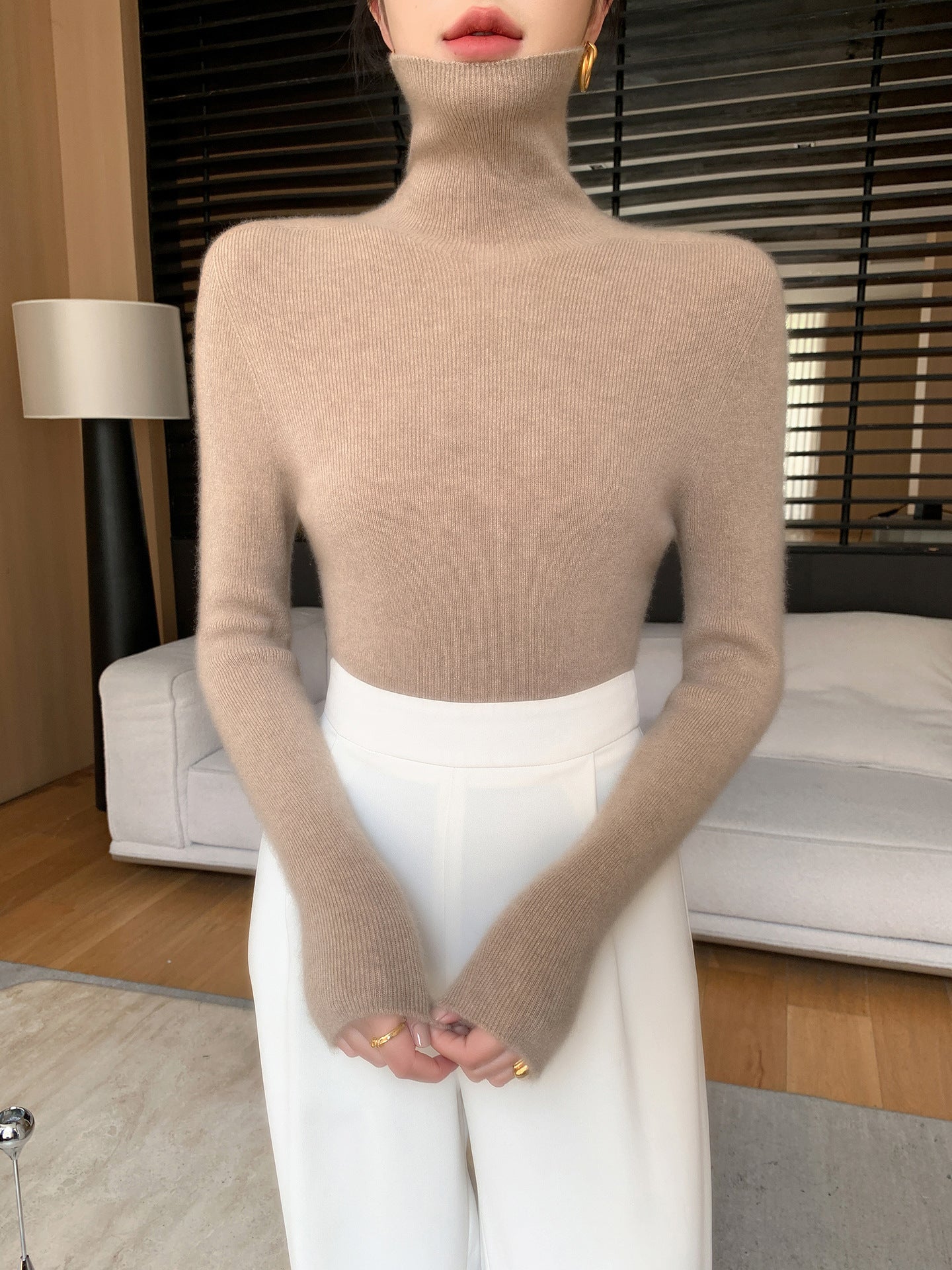 Women's Slim Fine Knit Sweater with High Turtleneck and Fine Rib Structure Chichicherry