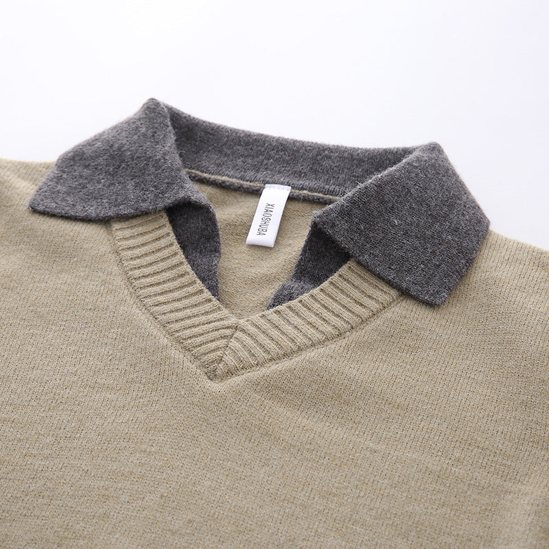 Unisex Lässiger Strukturstrick-Pullover mit offenem Polokragen und tiefem V-Ausschnitt Chichicherry