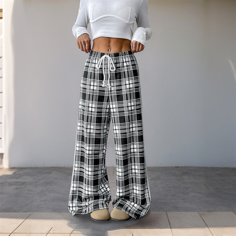 Women's Wide Lounge Pants in Checked Pattern with Elastic Waistband and Contrast Side Panel Chichicherry