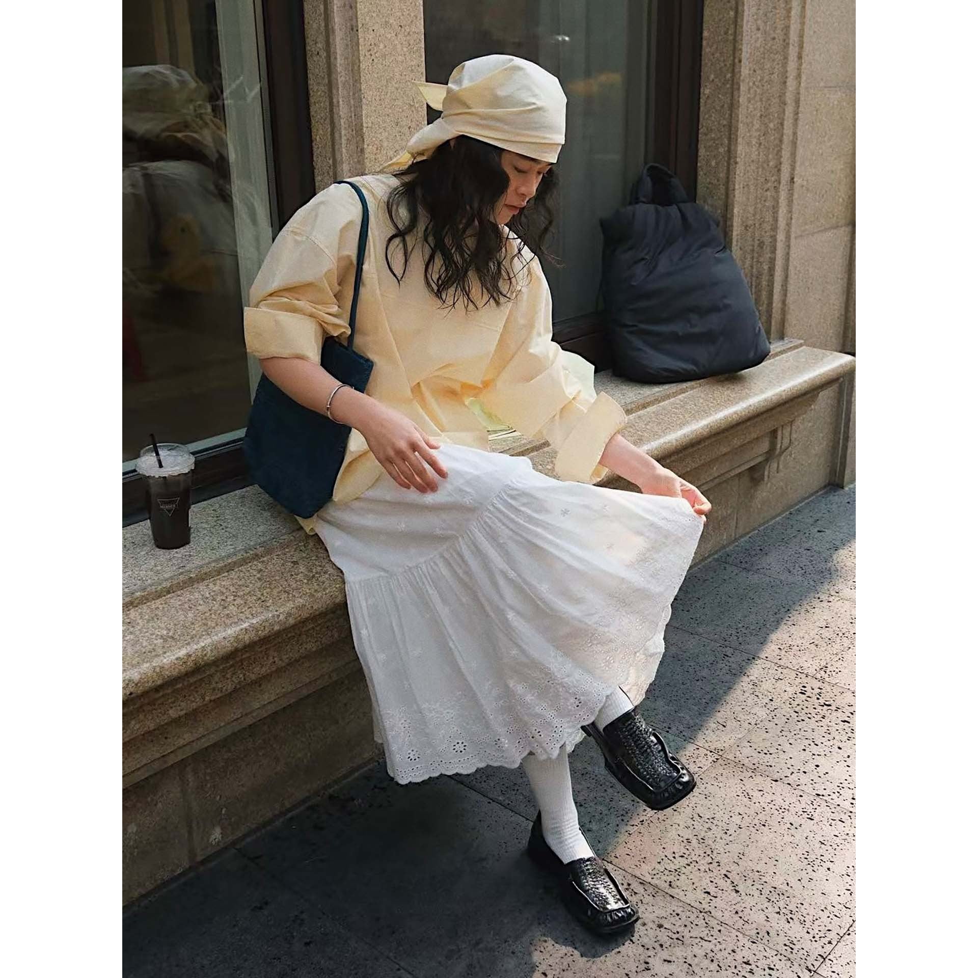Ladies Long Tiered Ruffle Skirt made of Cotton Embroidery with Lace Edge Chichicherry