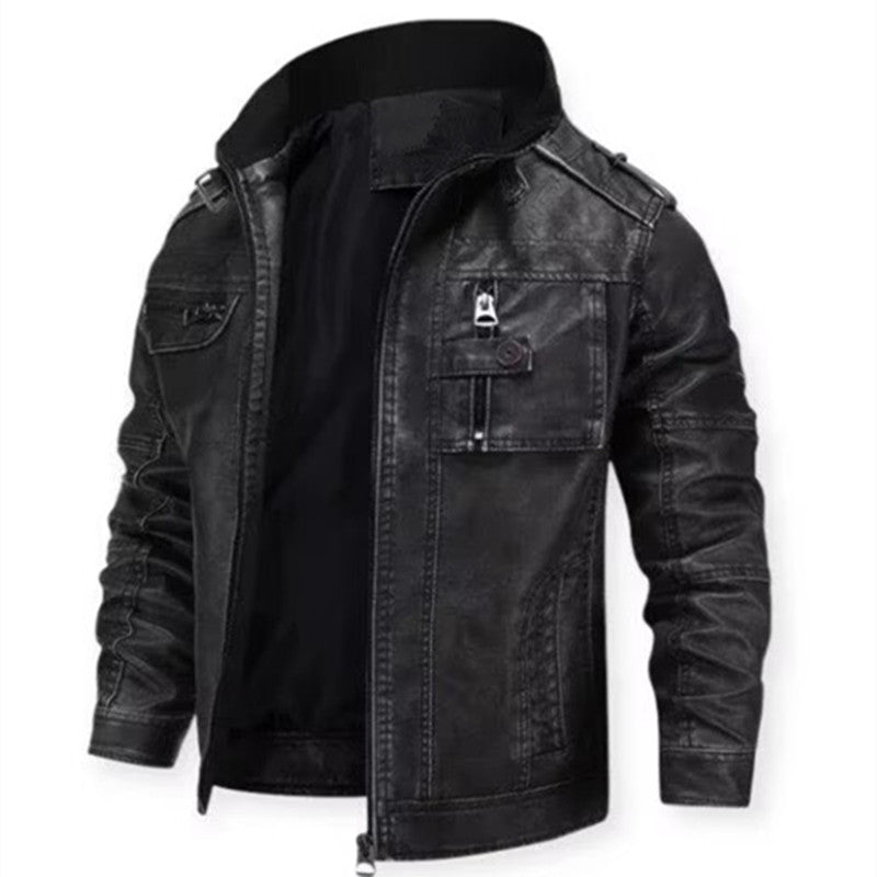 Men's vintage-inspired biker jacket in leather look with utility pockets and stand-up collar Chichicherry