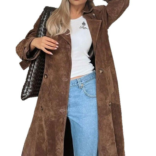 Women's Long Suede Jacket in a Minimalist Trench Look with Soft Lapels Chichicherry