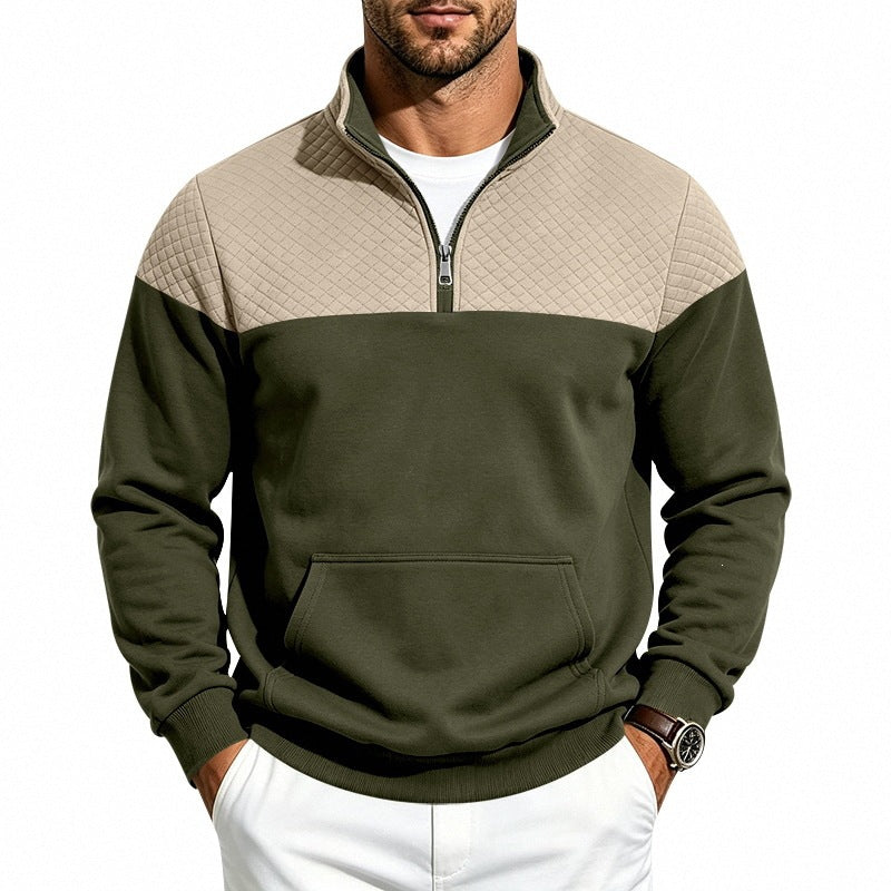 Men's Stand Collar Sweatshirt with Half Zip, Quilted Shoulder Yoke and Kangaroo Pocket Chichicherry