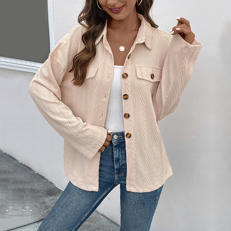 Women's Textured Overshirt Jacket with Zigzag Structure, Chest Pockets and Loose Fit Chichicherry