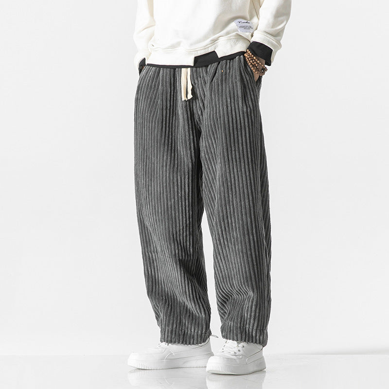 Men's Loose-Fit Corduroy Balloon Pants with Drawstring and Wide Rib Relief Chichicherry
