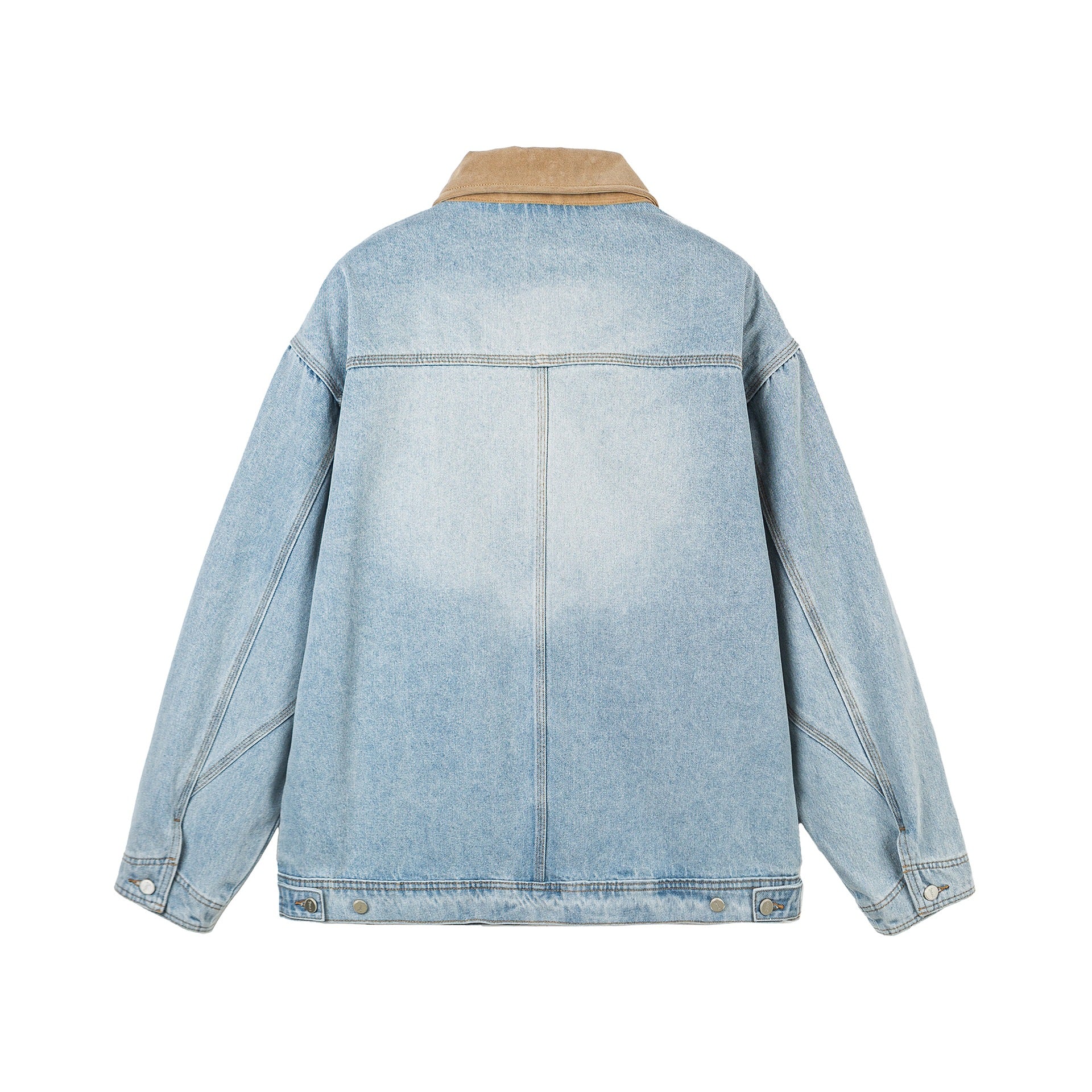 Women's Oversized Denim Jacket with Suede Collar, Concealed Zipper and Distinctive Pockets Chichicherry