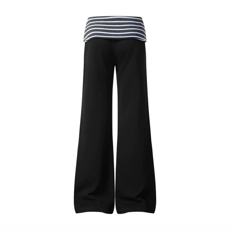 Women's Wide Loungewear Pants with Cuffable Striped Waistband and Decorative Buttons Chichicherry