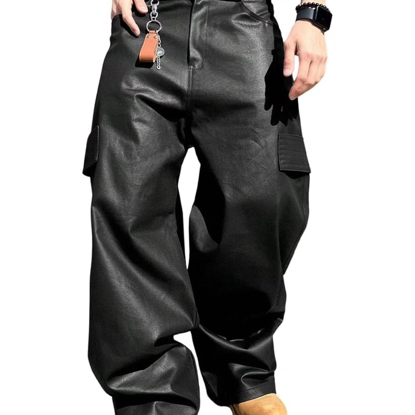 Men's Wide Cut Cargo Pants in Leather Look with Flap Pockets Chichicherry