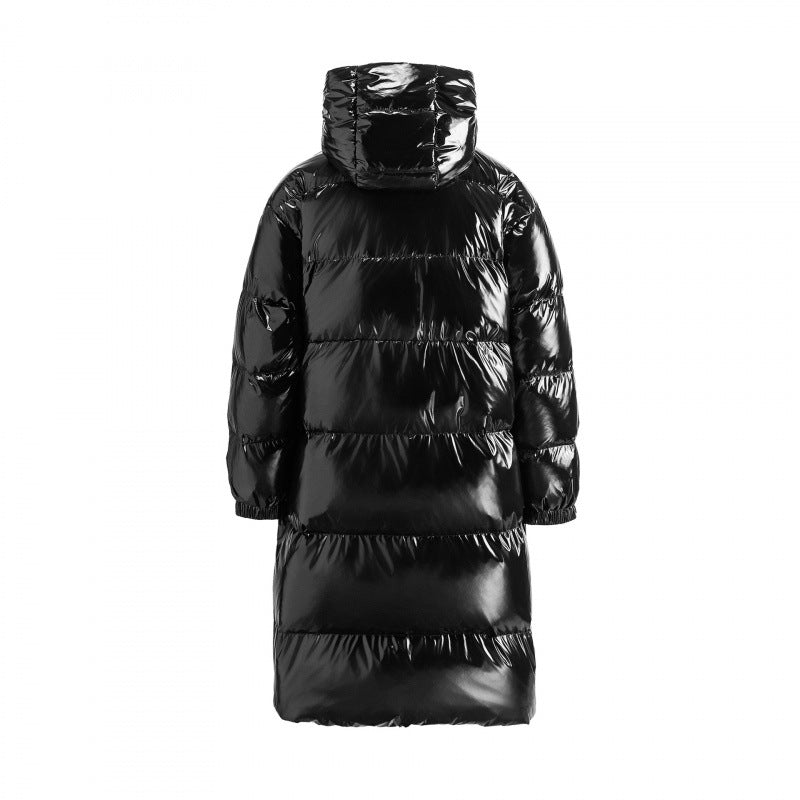 Women's longer shiny quilted puffer coat with hood, utility pockets and oversized silhouette Chichicherry