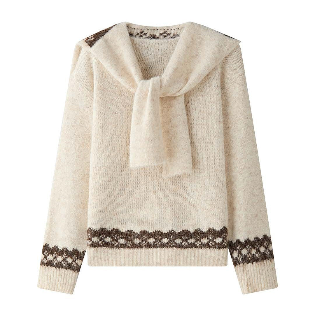 Women's Cozy Fine Knit Pullover with Integrated Shoulder Scarf and Jacquard Hem Chichicherry