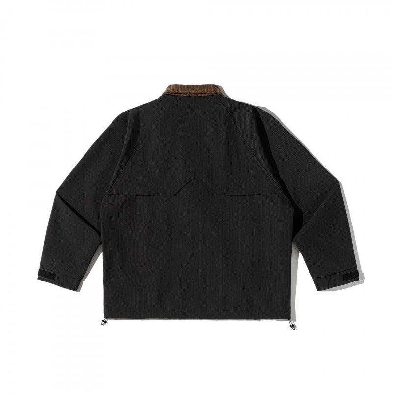 Unisex boxy overshirt jacket in utility style with cord collar, flap pockets and drawstring hem Chichicherry