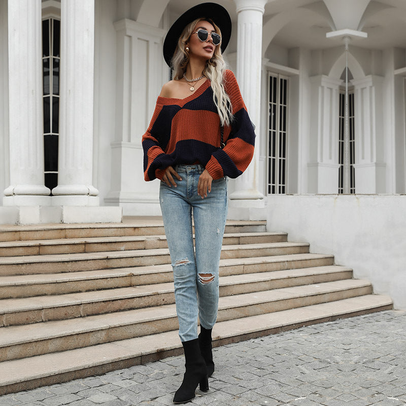 Women's Striped Oversize V-Neck Sweater in Chunky Knit Chichicherry