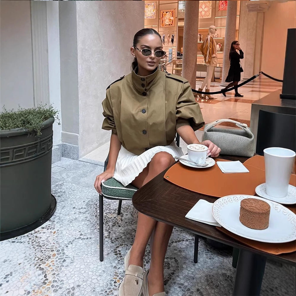 Women Cropped Trench Coat with boxy silhouette, epaulettes and pleat details Chichicherry