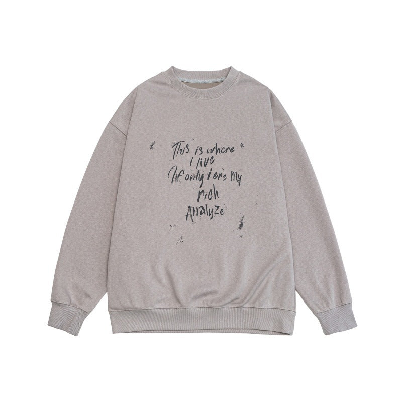 Unisex Loose Oversized Sweatshirt with Worn Script Print, Ribbed Cuffs, and Relaxed Fit Chichicherry