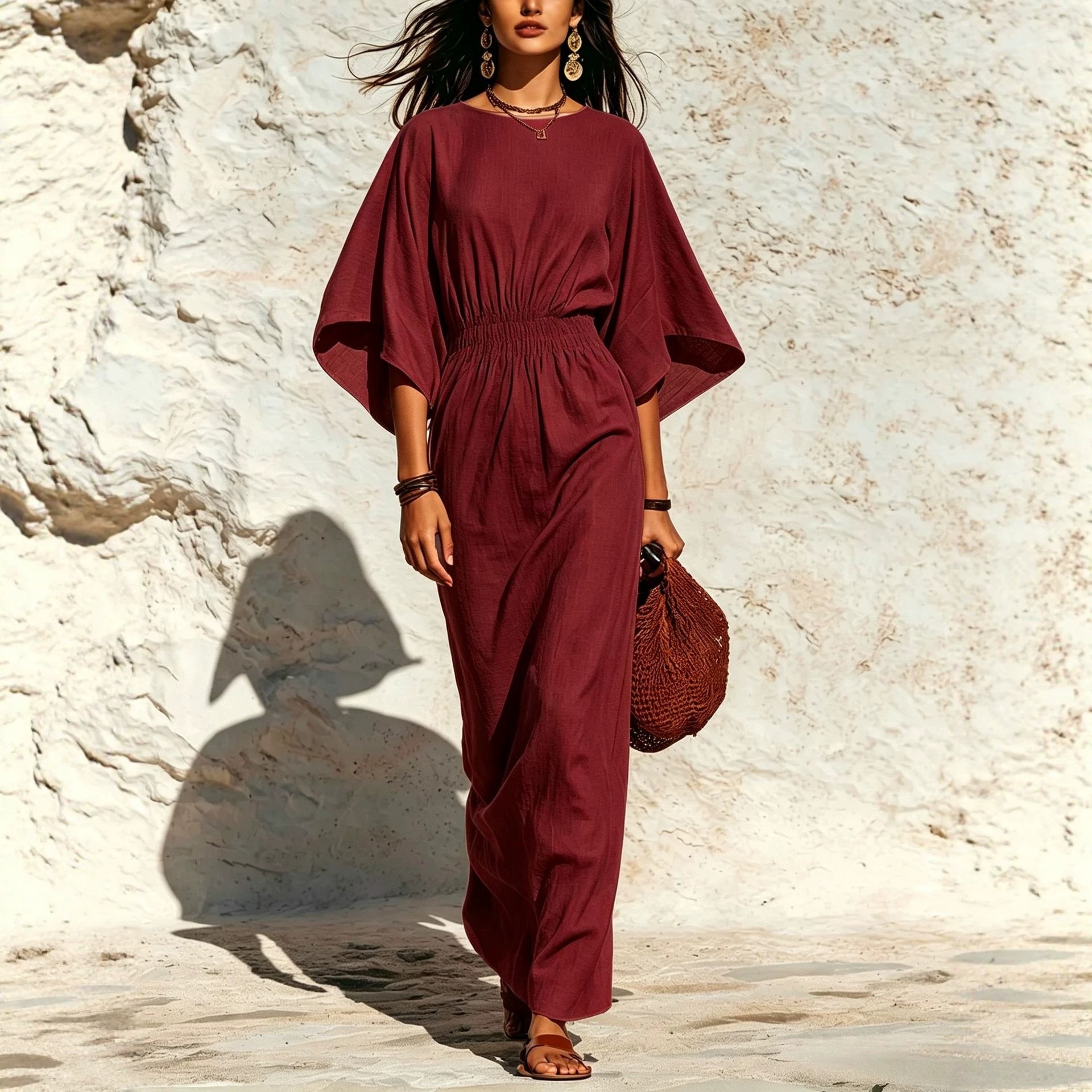 Women's maxi dress with batwing sleeves and gathered smock waist Chichicherry