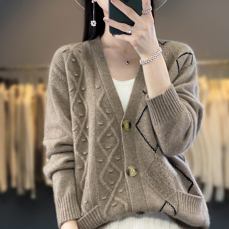Women Cozy Oversized Cardigan with Openwork and Diamond Detail Chichicherry