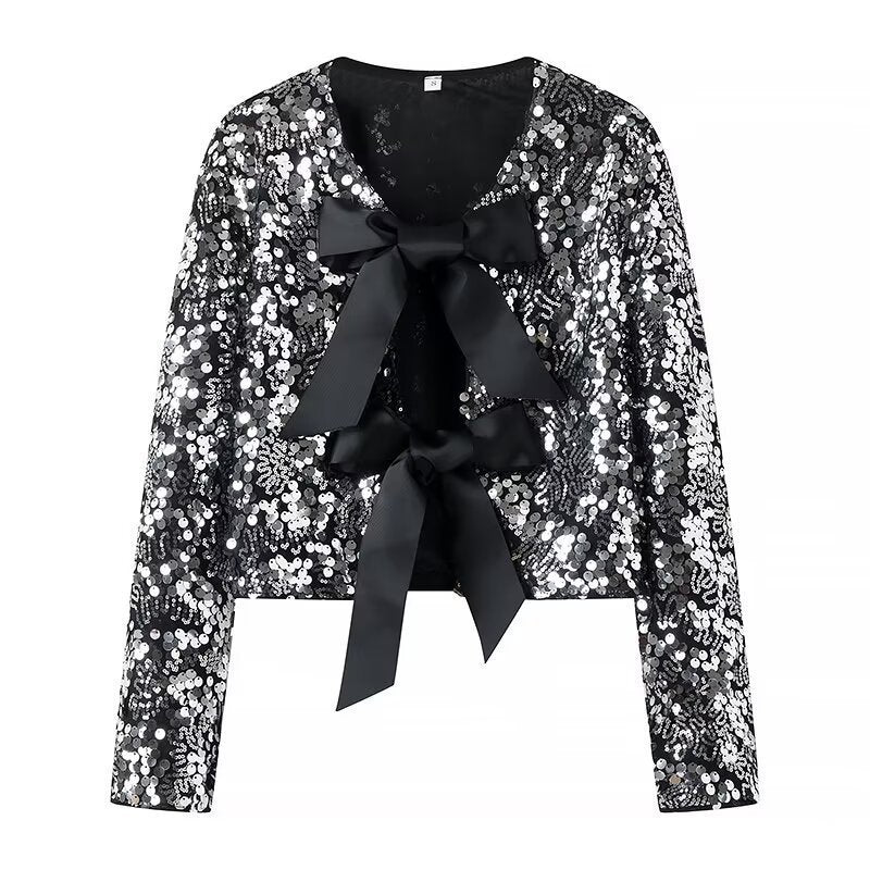 Women’s Short Jacket with Sequin Trim and Decorative Bow Front Chichicherry