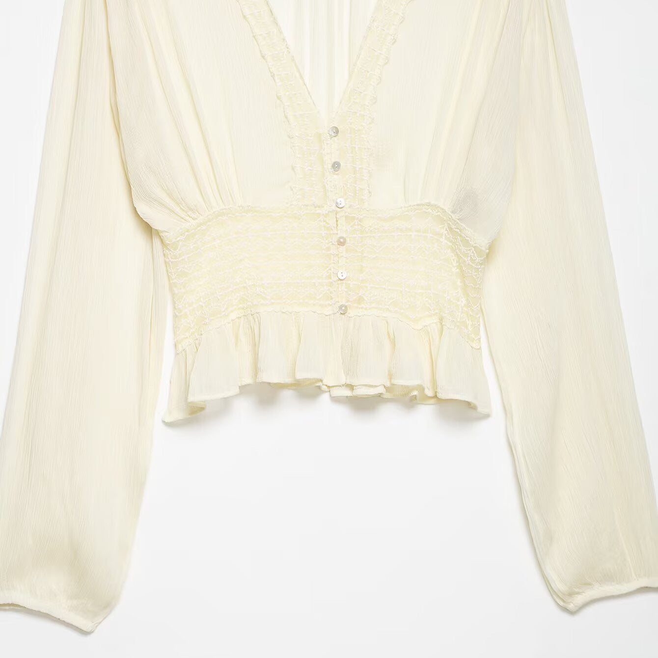 Women Light Blouse with V-Neck, Gathered Waist and Ruffle Hem