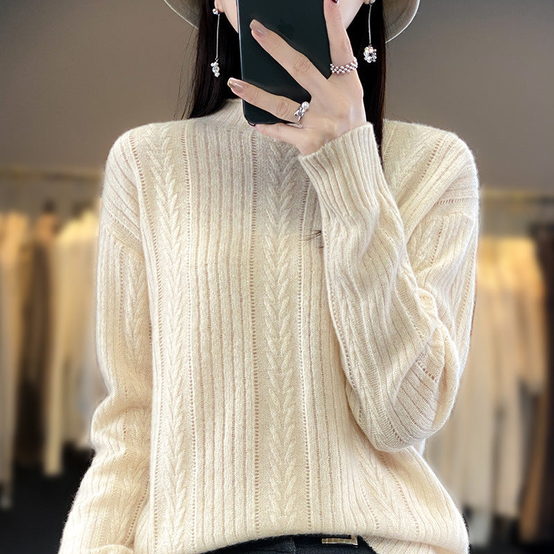 Women Cashmere-like Fine Knit Mock Neck Sweater with Openwork Cable Pattern and Casual Oversized Fit Chichicherry