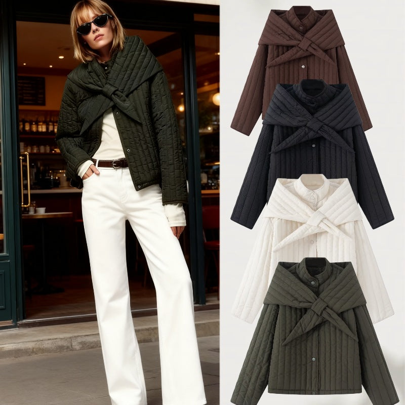 Women's quilted jacket with oversized wrap collar and snap button placket Chichicherry