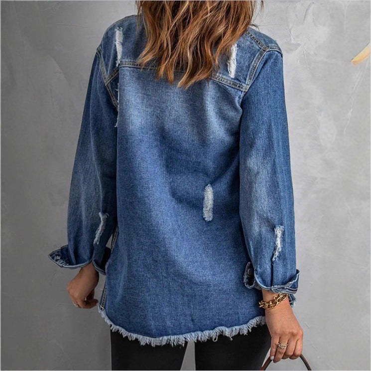 Women Casual Oversized Denim Jacket with Destroyed Details, Shirt Collar and Fringed Hem Chichicherry