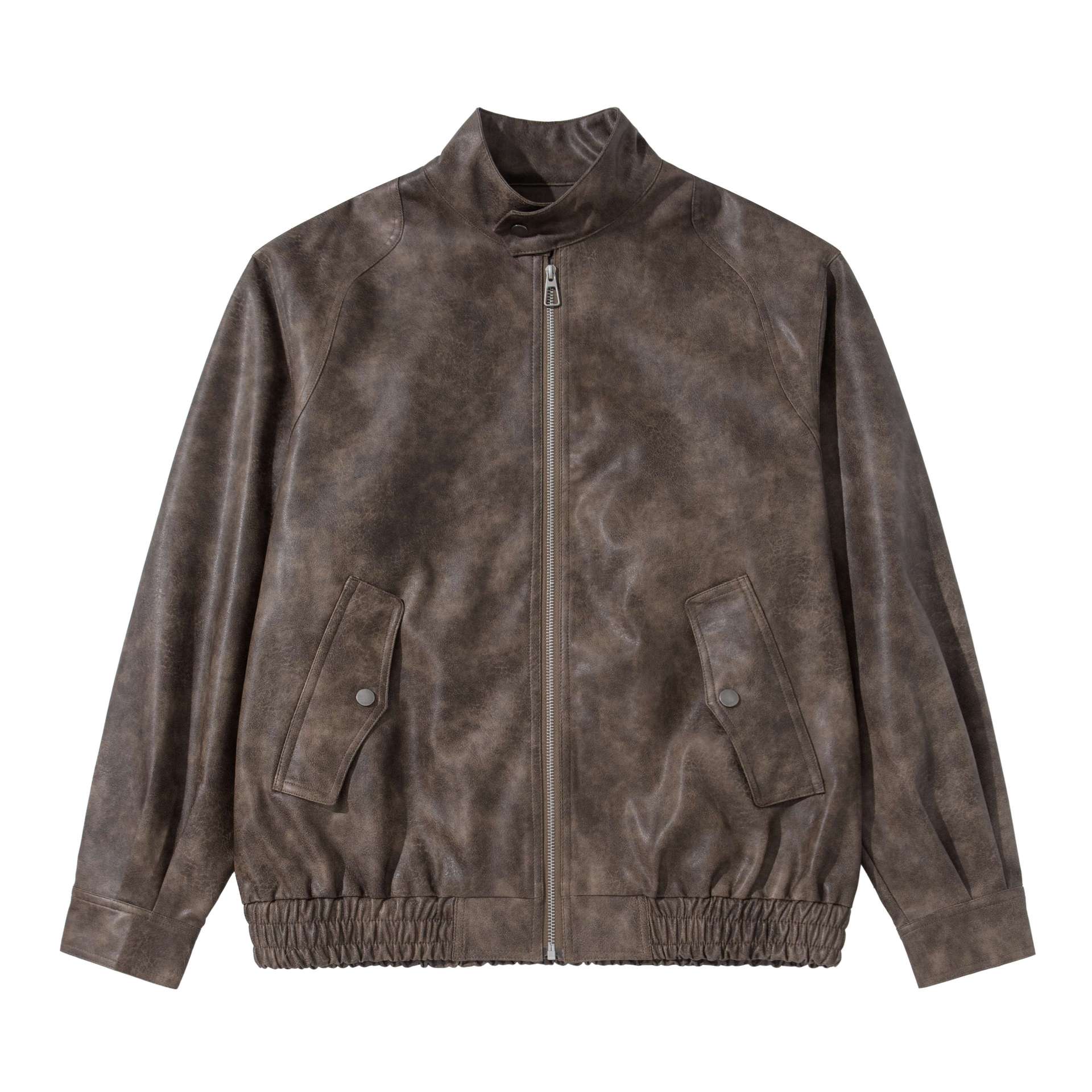 Men's vintage-inspired faux leather bomber jacket with funnel collar, flap pockets, and elastic hem Chichicherry