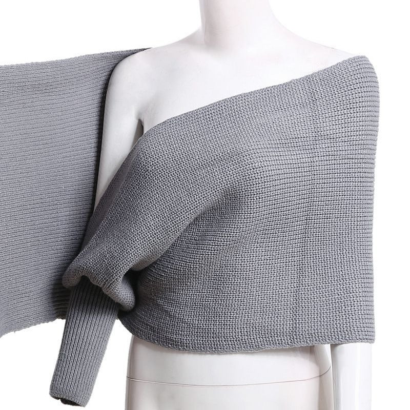 Damen Oversize Schulterfreier Wickelstrickpullover aus Rippstrick Drune