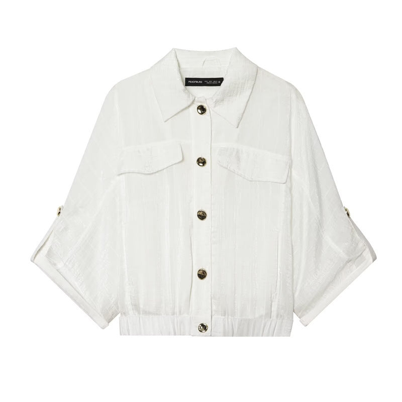 Women's boxy overshirt jacket waist short with 3/4 sleeves and gold buttons Chichicherry