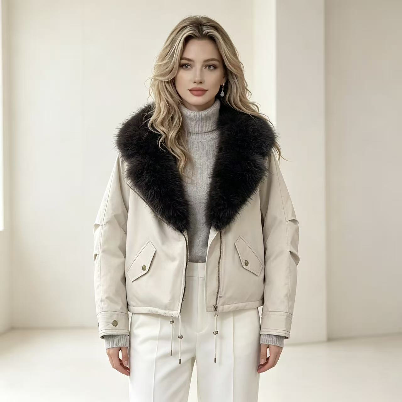 Women's short bomber jacket with voluminous faux fur collar, drawstring hem, and flap pockets Chichicherry